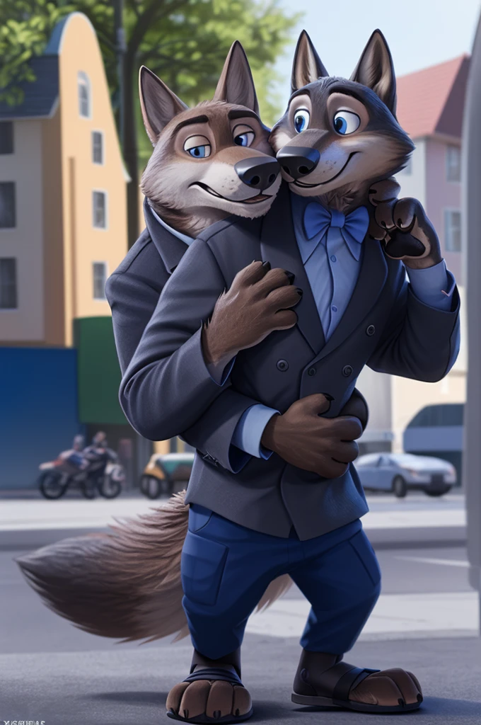Larry (Zootopia), wolf, Gray Fur, (brown body:1.3), beautiful blue eyes, Zootopia, dressed,blazer,shirt bow tie,trousers, sandals,canine,wolf, detailed fur, male, second, paw pads, finger claws, viewer, 5 fingers, paws, 4 toes,holds, times, close to the camera,
BREAK from nextel, for dating, by xenoforge, (difficult, high detail,digital photography, soft focus, RAW, close to the camera, smile, positive, Good, mood, Houses, смотрит на viewer, очень close to the camera, goes on a date, 
Photorealism, realistic, photorealistic,digital style, Subsurface scattering,очень close to the camera кольцо на пальце руки,father of his daughter, 
masterpiece, Best quality, ultra realistic, 8 thousand.)