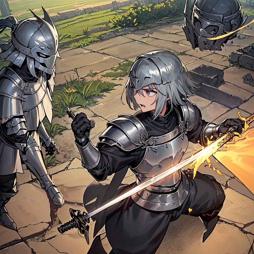 Best illustrations、Best Quality、(((Simple grey armor、Black trousers、Black glover.々Hairstyle、Mr.々Hair coron helmet、Iron Mask、Iron Helmet)、(((Grab the sword、Get Ready)))、(Old ruins、desert。Grass)、Fall to the floor、(Black, muddy swamp)、(中世の騎士が10 people)、(get annoyed、anxiety、impatience、Open your mouth、shout)、(lots of medieval knights、10 people)、battlefield、Get Ready、Fighting stance、(From the side、side view)、From above