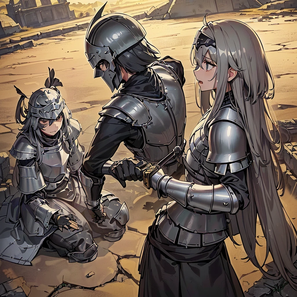 Best illustrations、Best Quality、(((Simple grey armor、Black trousers、Black glover.々Hairstyle、Mr.々Hair coron helmet、Iron Mask、Iron Helmet)、(((Grab the sword、Get Ready)))、(Old ruins、desert。Grass)、Fall to the floor、(Black, muddy swamp)、(中世の騎士が10 people)、(get annoyed、anxiety、impatience、Open your mouth、shout)、(lots of medieval knights、10 people)、battlefield、Get Ready、Fighting stance、(From the side、side view)、From above