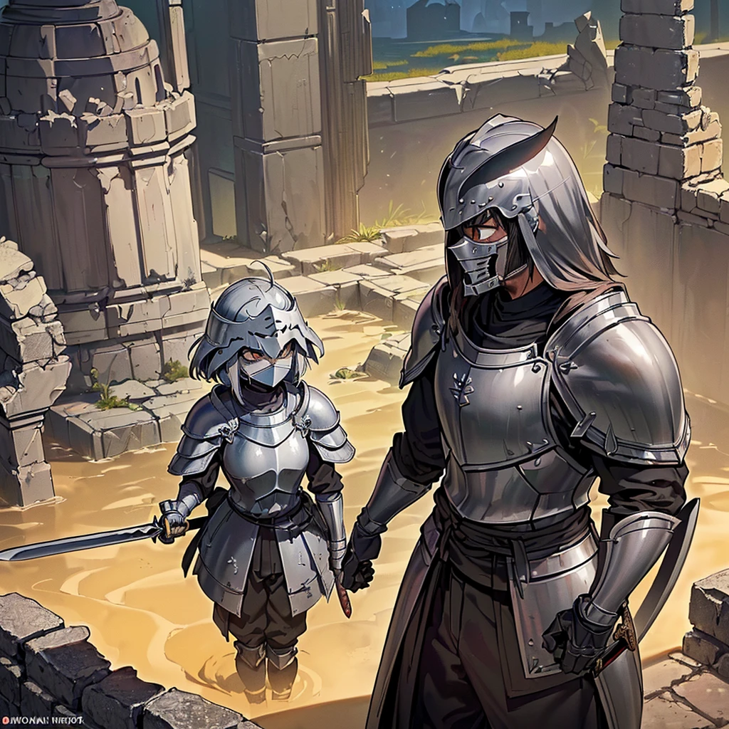 Best illustrations、Best Quality、(((Simple grey armor、Black trousers、Black glover.々Hairstyle、Mr.々Hair coron helmet、Iron Mask、Iron Helmet)、(((Grab the sword、Get Ready)))、(Old ruins、desert。Grass)、Fall to the floor、(Black, muddy swamp)、(中世の騎士が10 people)、(get annoyed、anxiety、impatience、Open your mouth、shout)、(lots of medieval knights、10 people)、battlefield、Get Ready、Fighting stance、(From the side、side view)、From above