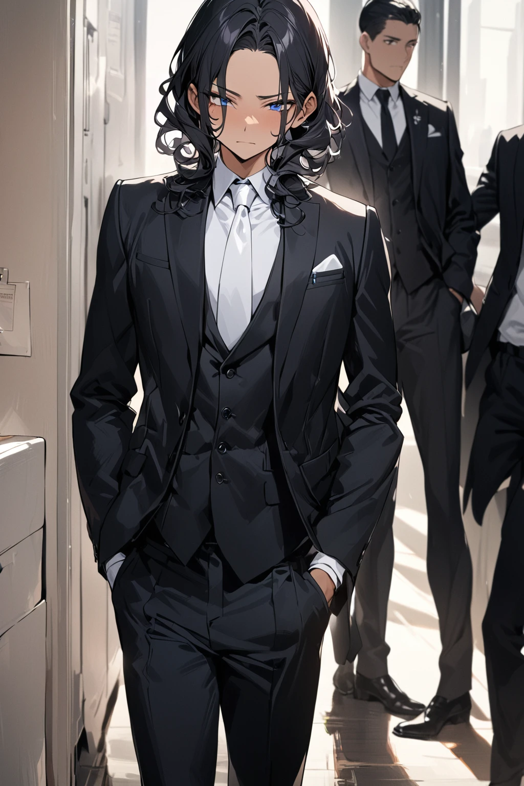 (( straight face picture )) ((best quality)), (Masterpiece)), (details), ( Beautiful colors ) ( ornamentation ) ( see the whole body ) young man , Tanned skin , black hair ,blue eyes ,Shoulder-length hair ,Slightly curly hair , open forehead , wearing a black suit ,white tie , Wear a white doctor's coat , , Have a rosary in hand , Whole body image