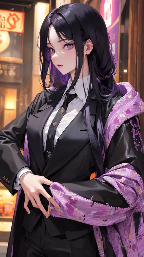 (Top resolution、Distinct_image)top-quality、female 、masterpiece、highly detailed、Semi-realistic、purple eyes 、18year old、young、cool clothing、Exquisite facial features、Facial features、unique hairstyle, variations, potrait, a bar background, Black hair , long straight hairstyles, wear black suits, Mafia , yakuza, criminals