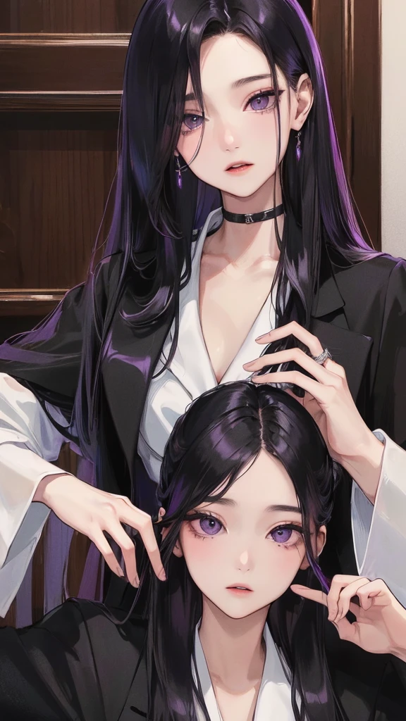 (Top resolution、Distinct_image)top-quality、female 、masterpiece、highly detailed、Semi-realistic、purple eyes 、18year old、young、cool clothing、Exquisite facial features、Facial features、unique hairstyle, variations, potrait, a bar background, Black hair , long straight hairstyles, wear black suits, Mafia , yakuza, criminals