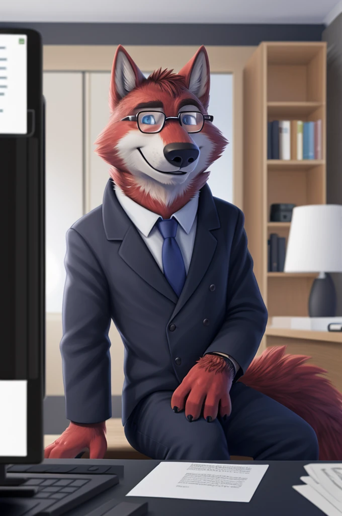 Ivan Fedorovich Wolfbach (Novosibirsk) ,Tall, handsome man, wolf,young, 24 years, brown fur,Kind,(red body:1.3),beautiful blue eyes,Novosibirsk,dressed, black award jacket for glasses, Jacket, shirt, black tie, trousers,shoes, wolf, detailed fur, man ,paw pads, finger claws,per viewer, 5 fingers, paws, 5 fingers, smile, wrist watch, nextel, by xenoforge, (complex, high detail, digital photography, soft focus, RAW variety viewer, Very close to the camera) , variety, Novosibirsk, smile, good mood, positive, Very close to the camera, GOVERNOR, is sitting, at the computer,keyboard, is sitting за компьютерным столом, cabinet, GOVERNORа, writes documents, to the city, GOVERNOR Novosibirskа, conference table, Colleagues,самый young GOVERNOR, black tie, 
Photorealism, realism, digital style, Subsurface scattering, I look at the viewer, is sitting,conference table, handle, paper, 
masterpiece, Best quality, ultra realistic, 8 thousand.)