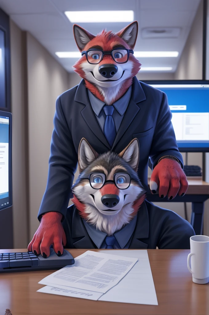 Ivan Fedorovich Wolfbach (Novosibirsk) ,Tall, handsome man, wolf,young, 24 years, brown fur,Kind,(red body:1.3),beautiful blue eyes,Novosibirsk,dressed, black award jacket for glasses, Jacket, shirt, black tie, trousers,shoes, wolf, detailed fur, man ,paw pads, finger claws,per viewer, 5 fingers, paws, 5 fingers, smile, wrist watch, nextel, by xenoforge, (complex, high detail, digital photography, soft focus, RAW variety viewer, Very close to the camera) , variety, Novosibirsk, smile, good mood, positive, Very close to the camera, GOVERNOR, is sitting, at the computer,keyboard, is sitting за компьютерным столом, cabinet, GOVERNORа, writes documents, to the city, GOVERNOR Novosibirskа, conference table, Colleagues,самый young GOVERNOR, black tie,
Photorealism, realism, digital style, Subsurface scattering, I look at the viewer, is sitting,conference table, handle, paper,
masterpiece, Best quality, ultra realistic, 8 thousand.)