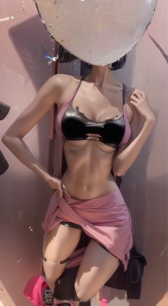 short black hair, with slightly messy bangs. Dark, penetrating brown eyes. Thin and marked build. She wears torn black shorts, blue tennis shoes, and a pink navel blouse with straps. He has an axe in his right hand and a backpack on his back. Busty.