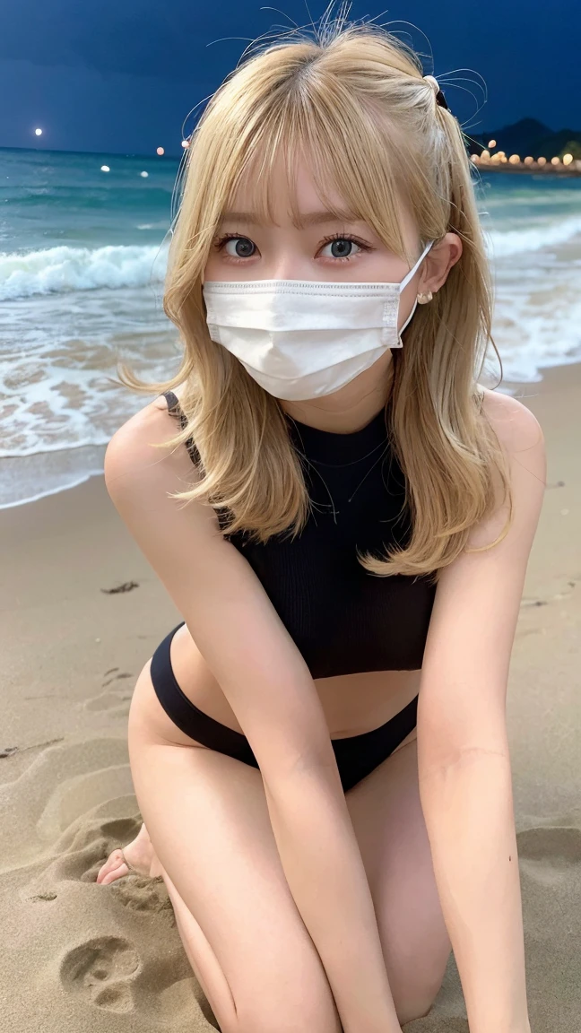 (top-quality、8k)、Japan Young Woman、Adults、(bobhair:1.6)、(Blonde Gal)、Ultra-fine depiction、((layers-Cut))、(Black Bikini)、embarrassed from:1.6、wet with sweat:1.6、(((lyin in bed)))、opens legs、opening legs、Wearing a mask