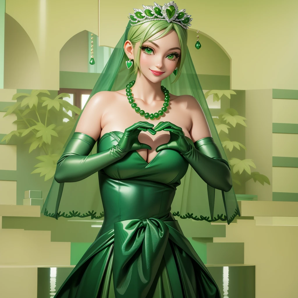 emerald tiara, Green Pearl Necklace, Boyish very short green hair, Green Lips, Smiling Japanese woman, Very short hair, Busty beautiful lady, Green Eyes, Green satin long gloves, Green Eyes, Emerald Earrings, Green veil, Heart with both hands, Green Hair, Beautiful Japanese Women, Heart shaped hands:1.3, green lip gloss