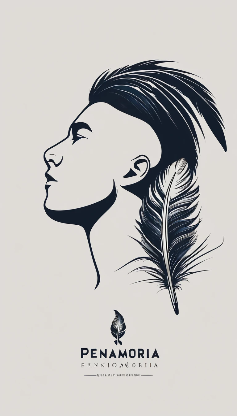 Create a minimal, modern, simple, inspirational, memorable, dream like logo design of a boy and a feather for the brand “Penamemoria".