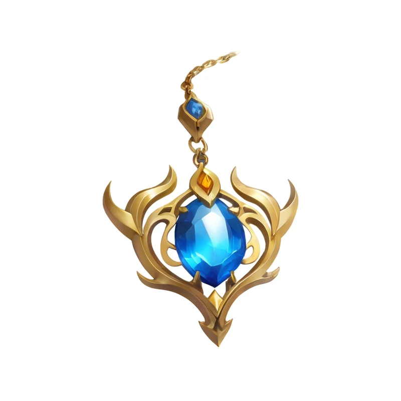 Close up of blue gemstone on gold chain, Heartstone original art style, magic amulet, League of Legends Inventory Items, Role Playing Game Items, Capability Image, Frost Accelerator, Holy Flame Crown Spell, League of Legends Arcane, The glittering gem on the hilt, sapphire, Orianna, Gold and gorgeous jewelry, Fantasy game spell symbols, amulet