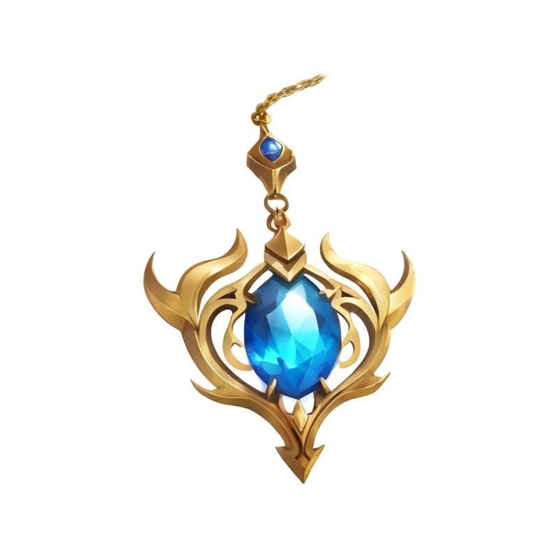 Close up of blue gemstone on gold chain, Heartstone original art style, magic amulet, League of Legends Inventory Items, Role Playing Game Items, Capability Image, Frost Accelerator, Holy Flame Crown Spell, League of Legends Arcane, The glittering gem on the hilt, sapphire, Orianna, Gold and gorgeous jewelry, Fantasy game spell symbols, amulet