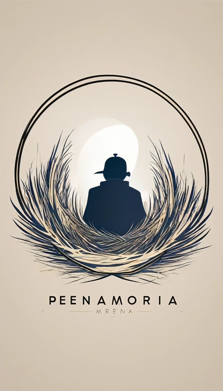 A minimal, modern, simple, cinematic logo design for the brand “Penamemoria". Create a modern, minimalistic, high-quality, logo of a boy inside a nest made of feathers. The logo must be a symbol for dreams, stories, memories, music and imagination.
