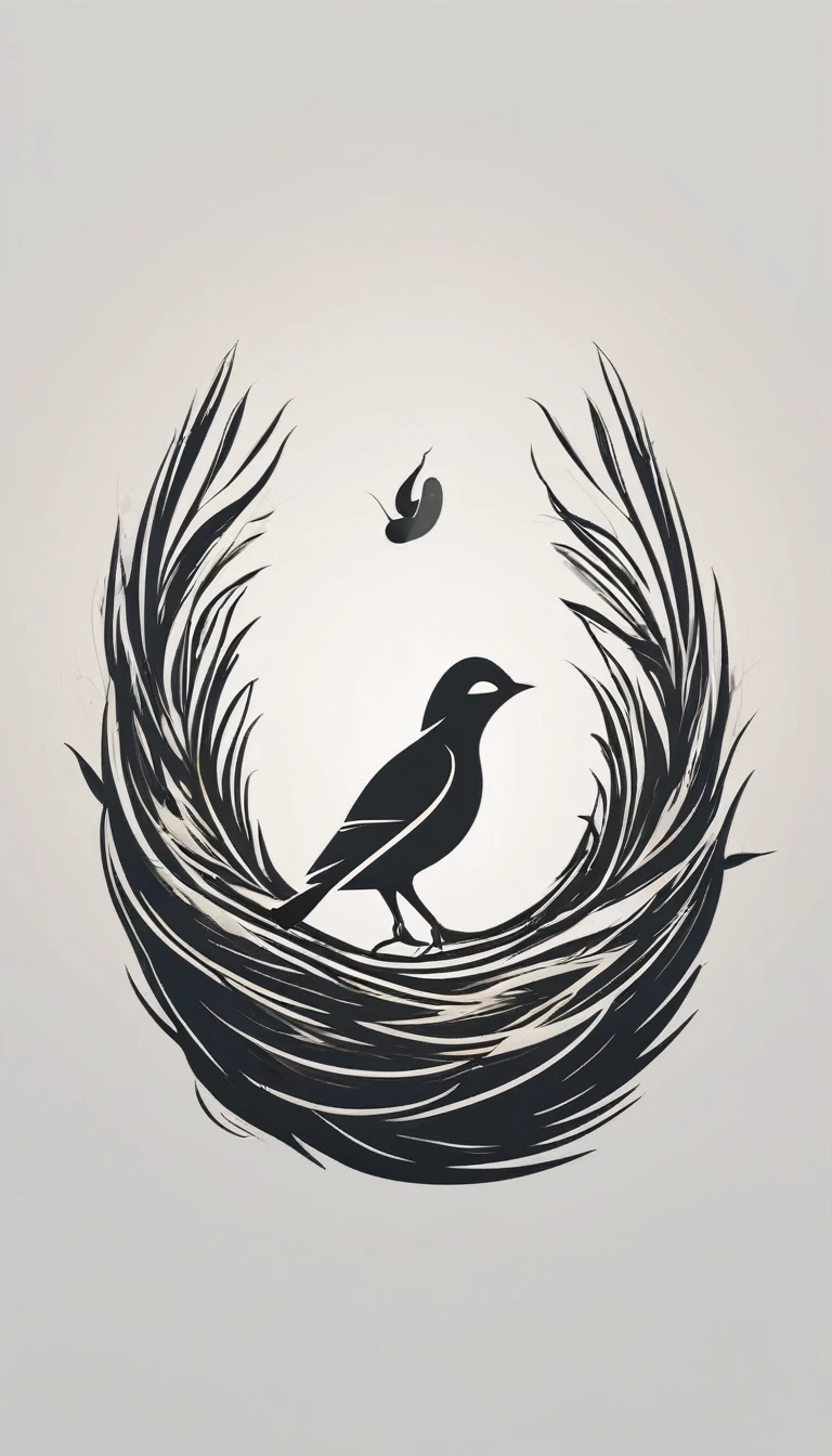 A minimal, modern, simple, cinematic logo design for the brand “Penamemoria". Create a modern, minimalistic, high-quality, logo of a boy inside a nest made of feathers. The logo must be a symbol for dreams, stories, memories, music and imagination.