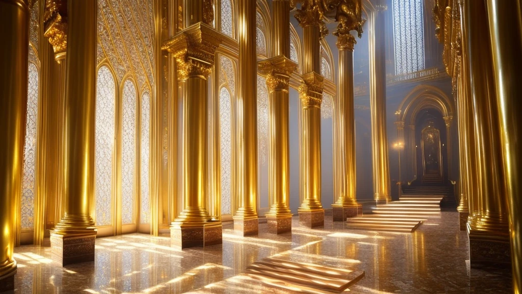 (masterpiece:1.2), (best quality,:1.2), 8K, Human Development Report, Extremely detailed, ((Reality)), 专业light, light, fashion photography, Ambient Lighting, Atmospheric impact, Large and long hall, Light through the window, In the distance, there is a staircase leading to a tall and exquisite throne., Candlestick, carpet, The Golden Throne Room, epiC Photos