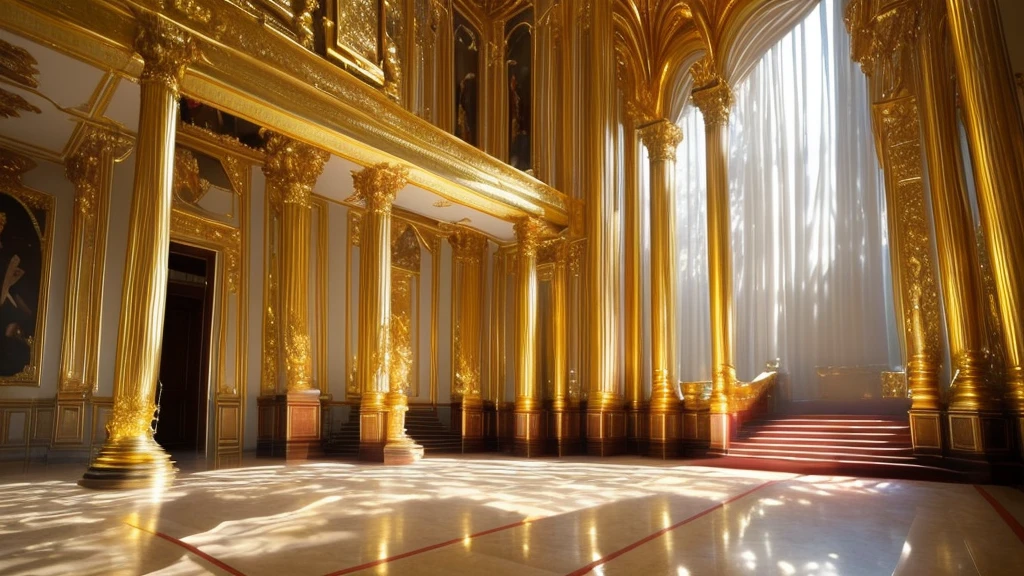 (masterpiece:1.2), (best quality,:1.2), 8K, Human Development Report, Extremely detailed, ((Reality)), 专业light, light, fashion photography, Ambient Lighting, Atmospheric impact, Large and long hall, Light through the window, In the distance, there is a staircase leading to a tall and exquisite throne., Candlestick, carpet, The Golden Throne Room, epiC Photos