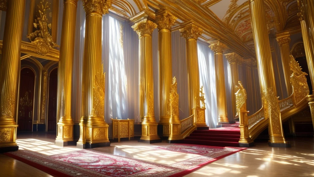 (masterpiece:1.2), (best quality,:1.2), 8K, Human Development Report, Extremely detailed, ((Reality)), 专业light, light, fashion photography, Ambient Lighting, Atmospheric impact, Large and long hall, Light through the window, In the distance, there is a staircase leading to a tall and exquisite throne., Candlestick, carpet, The Golden Throne Room, epiC Photos