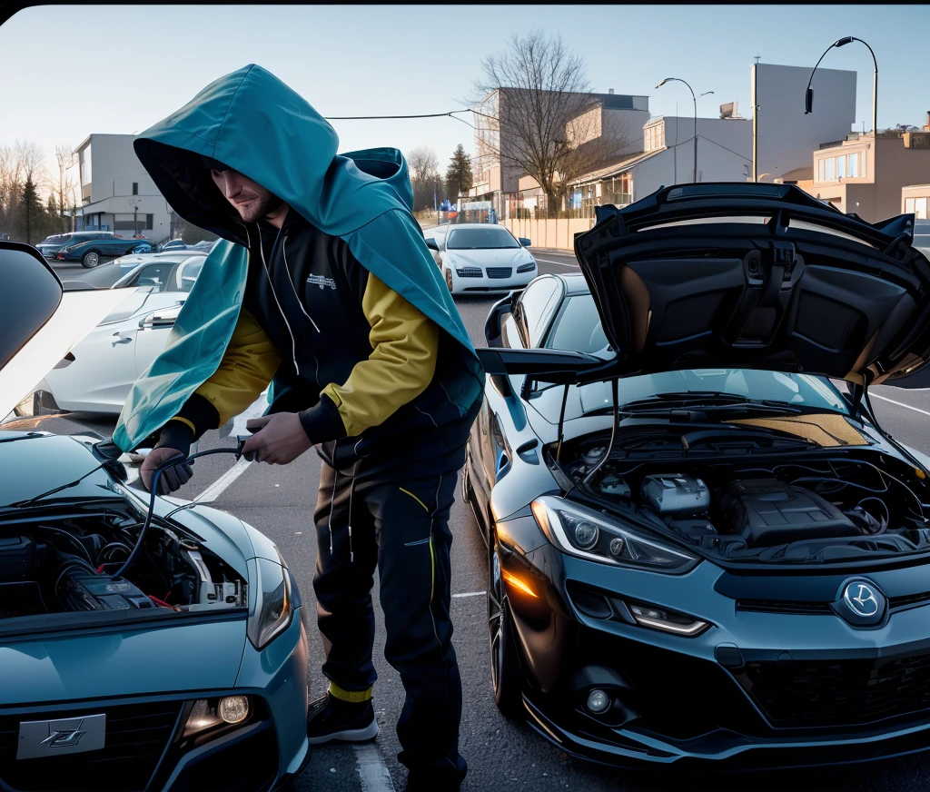 Extremely high image quality,real,photography,A hooded man and two cars with their hoods open, User Photos, accurately depicted, User Photosture,A clamp on the car battery,Connect with two wires, One car charges another car,accurate depiction, mechanical