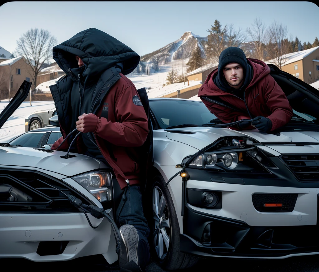 Extremely high image quality,real,photography,A hooded man and two cars with their hoods open, User Photos, accurately depicted, User Photosture,A clamp on the car battery,Connect with two wires, One car charges another car,accurate depiction, mechanical