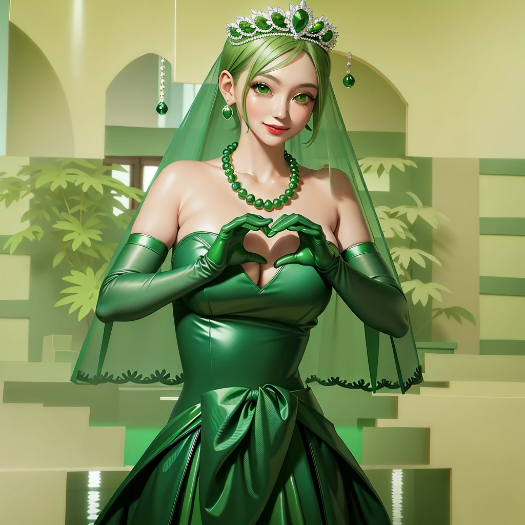 emerald tiara, Green Pearl Necklace, Boyish very short green hair, Green Lips, Smiling Japanese woman, Very short hair, Busty beautiful lady, Green Eyes, Green satin long gloves, Green Eyes, Emerald Earrings, Green veil, Heart with both hands, Green Hair, Beautiful Japanese Women, Heart shaped hands:1.3, green lip gloss