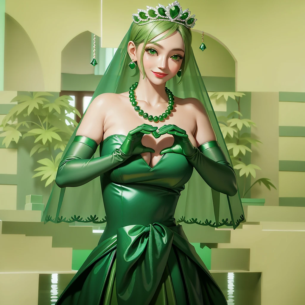 emerald tiara, Green Pearl Necklace, Boyish very short green hair, Green Lips, Smiling Japanese woman, Very short hair, Busty beautiful lady, Green Eyes, Green satin long gloves, Green Eyes, Emerald Earrings, Green veil, Heart with both hands, Green Hair, Beautiful Japanese Women, Heart shaped hands:1.3, green lip gloss