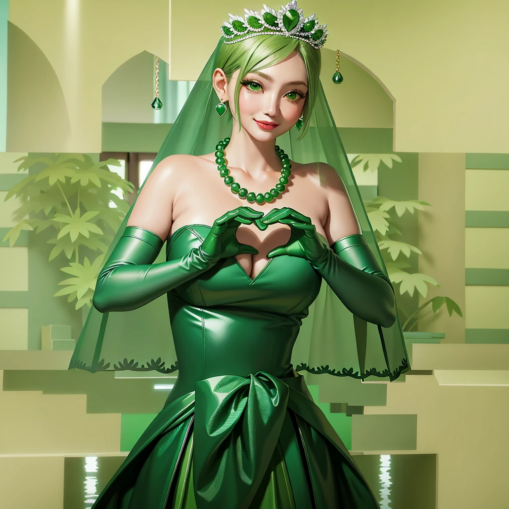 emerald tiara, Green Pearl Necklace, Boyish very short green hair, Green Lips, Smiling Japanese woman, Very short hair, Busty beautiful lady, Green Eyes, Green satin long gloves, Green Eyes, Emerald Earrings, Green veil, Heart with both hands, Green Hair, Beautiful Japanese Women, Heart shaped hands:1.3, green lip gloss