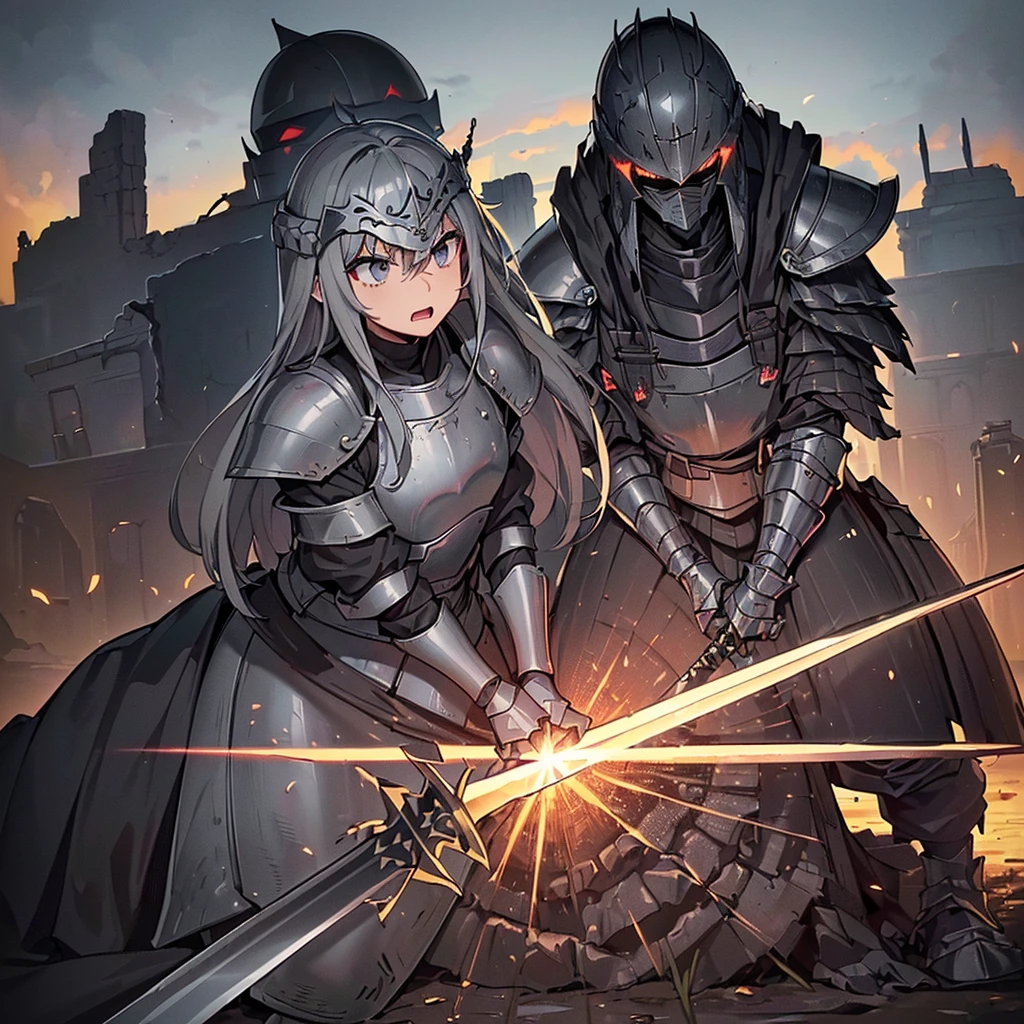 Best illustrations、Best Quality、(((Simple grey armor、Black trousers、Black glover.々Hairstyle、Mr.々Hair coron helmet、Iron Mask、Iron Helmet)、(((Grab the sword、Get Ready)))、(Old ruins、desert。Grass)、Fall to the floor、(Black, muddy swamp)、(中世の騎士が10 people)、(get annoyed、anxiety、impatience、Open your mouth、shout)、(lots of medieval knights、10 people)、battlefield、、From below