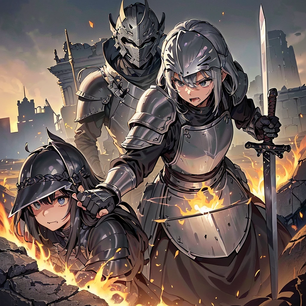 Best illustrations、Best Quality、(((Simple grey armor、Black trousers、Black glover.々Hairstyle、Mr.々Hair coron helmet、Iron Mask、Iron Helmet)、(((Grab the sword、Get Ready)))、(Old ruins、desert。Grass)、Fall to the floor、(Black, muddy swamp)、(中世の騎士が10 people)、(get annoyed、anxiety、impatience、Open your mouth、shout)、(lots of medieval knights、10 people)、battlefield、、From below