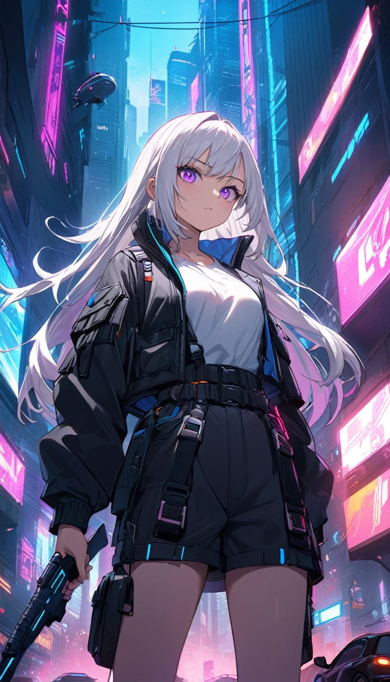 "A high-quality, detailed illustration of a girl with long silver hair and a black uniform, reminiscent of a military outfit, featuring a white shirt, black jacket, and blue accents, holding a weapon. She has a determined expression with striking violet eyes. Place her in a futuristic cityscape with neon lights and towering skyscrapers. The scene is set at night with a cyberpunk aesthetic, incorporating elements like glowing signs, flying vehicles, and a bustling urban atmosphere. The overall mood is intense and dynamic, emphasizing the contrast between her calm demeanor and the vibrant, chaotic environment."、横から、後ろをむく
