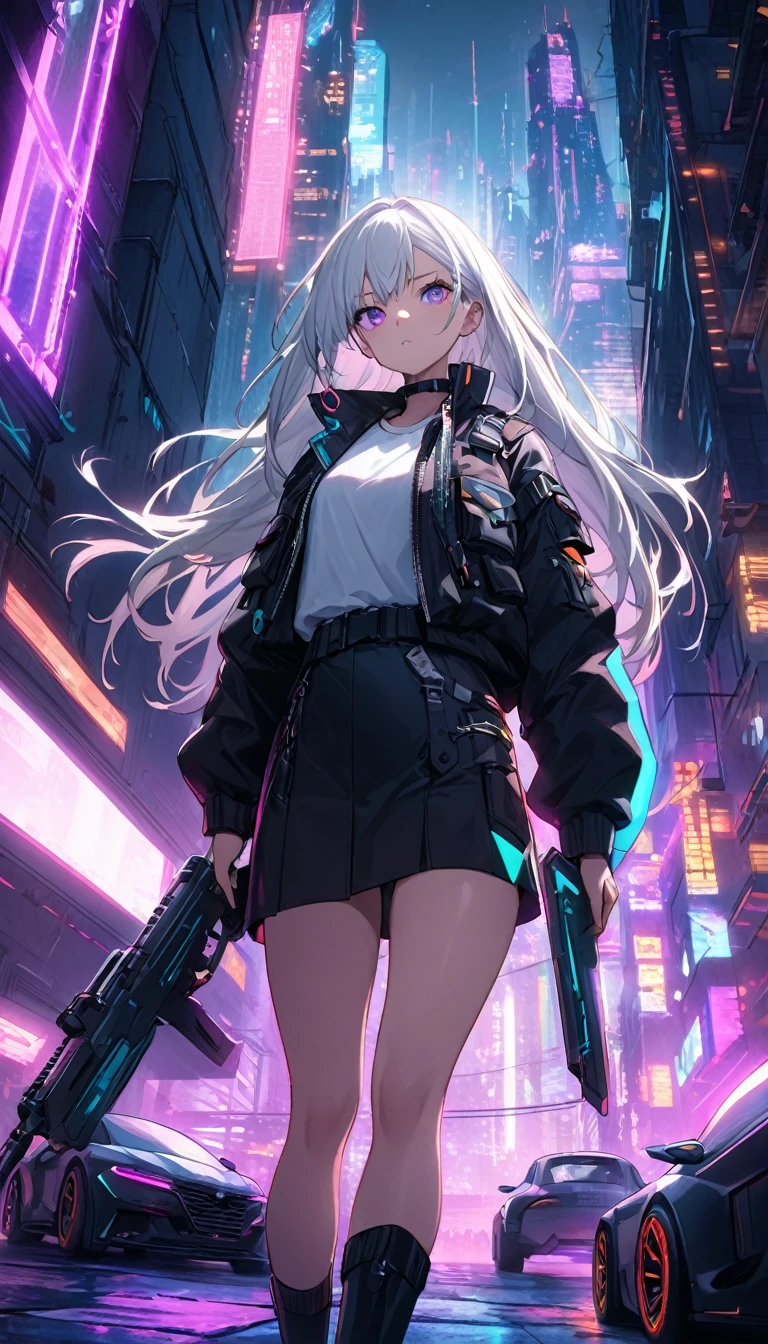 "A high-quality, detailed illustration of a girl with long silver hair and a black uniform, reminiscent of a military outfit, featuring a white shirt, black jacket, and blue accents, holding a weapon. She has a determined expression with striking violet eyes. Place her in a futuristic cityscape with neon lights and towering skyscrapers. The scene is set at night with a cyberpunk aesthetic, incorporating elements like glowing signs, flying vehicles, and a bustling urban atmosphere. The overall mood is intense and dynamic, emphasizing the contrast between her calm demeanor and the vibrant, chaotic environment."、横から、後ろをむく