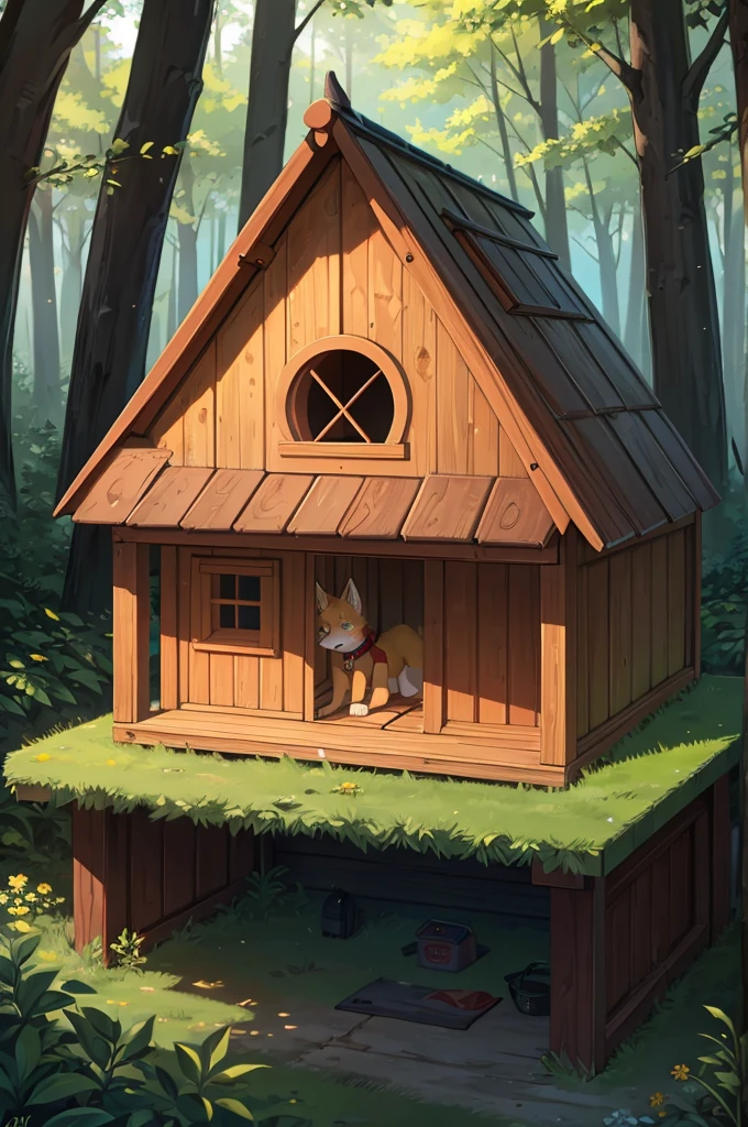 Yellow fox boy,8K resolution,high resolution,最high resolution,        doghouse,Living alone,Deep in the forest,Wearing a red collar,