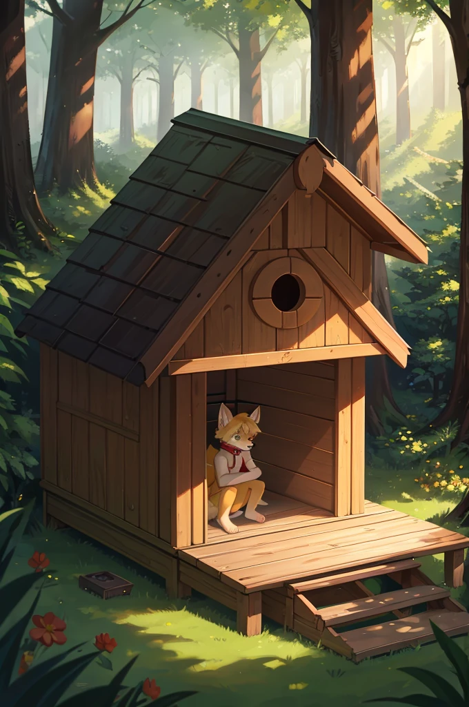 Yellow fox boy,8K resolution,high resolution,最high resolution,        doghouse,Living alone,Deep in the forest,Wearing a red collar,