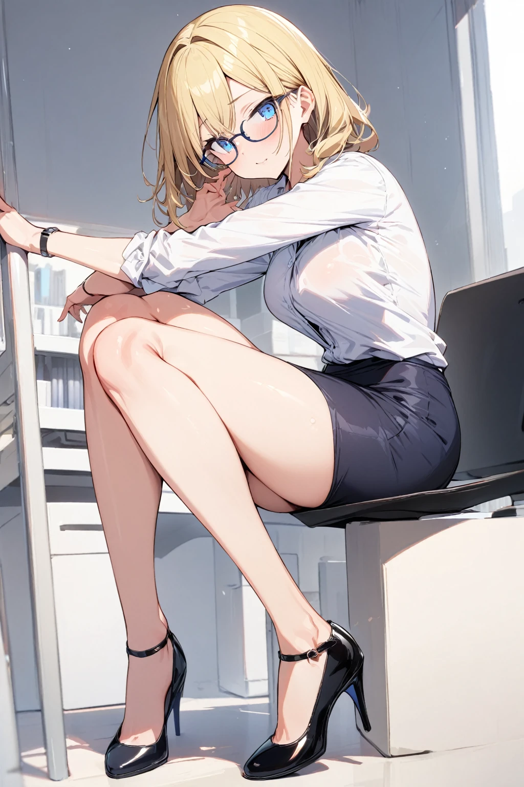 Legs crossed, pencilskirt, adult face,deep colors