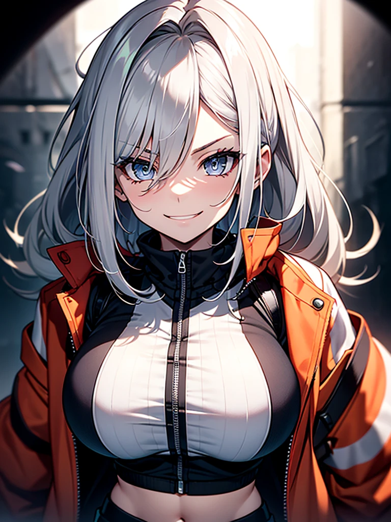 ((Portrait Photo)), She has a Mischievous and Youthful Appearance, with a Slender Build, Pale Skin and a Huge Breasts. She Expresses a Cheerful and Energetic Look, Giving Off a Smug and Lively Attitude. She has Light Gray Eyes, and Her Hair is Long, Silvery-White, and Tousled, with Bare Forehead. She Wears an Oversized, Open Bomber-Style Jacket, with a White Top, Revealing Her Midriff. ((Portrait Photo, HDR, Dark Background))