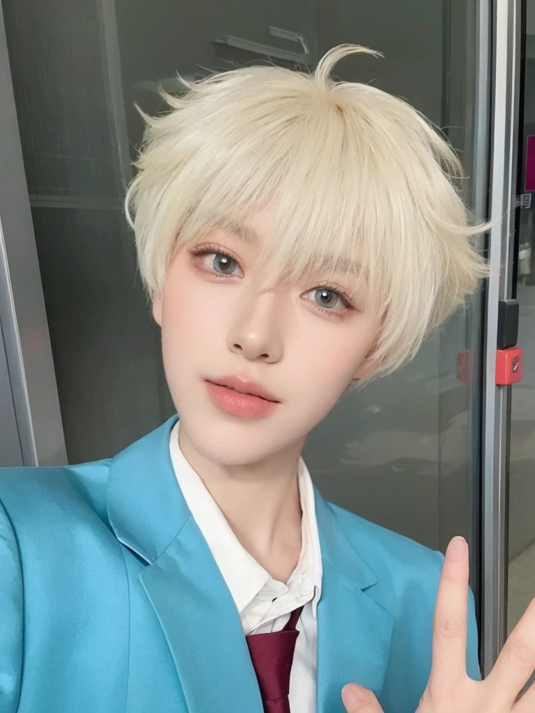 Short platinum hair,Male hair,Natural hair looks handsome,Background glass door