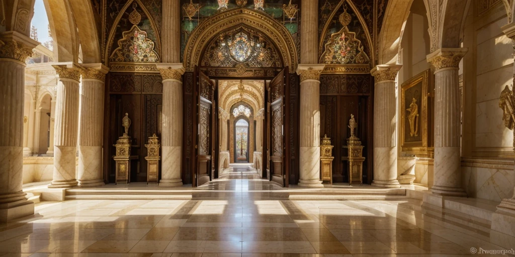 (best quality,4K,8K,high resolution,masterpiece:1.2),Extremely detailed,(Practical,photoPractical,photo-Practical:1.37),Magnificent temple,Expanded,Spectacular temples,Magnificent buildings,Gorgeous Greek style,Gorgeous golden statue,gleaming marble floors,Luxury vases and rugs,majestic atmosphere,Sunlight shines through the stained glass windows,Bright colors,Majestic,Charming beauty,Amazing craftsmanship,Peaceful and tranquil atmosphere,grand scale,Symmetrical design,Exhaustive details,Impressive pillars,Evoke a sense of divinity,Sparkling chandeliers,Ethereal sculpture,The mottled shadows of the arched doorway,Sunny courtyard and lush garden,Gorgeous tapestries hang on the walls,The whispers echoed in the hall,A perfect combination of artistry and precision,Overwhelming magnificence,Attention to detail,Powerful and sacred breath,exquisite aesthetics,A quiet oasis in the bustling city,A sanctuary of solace.