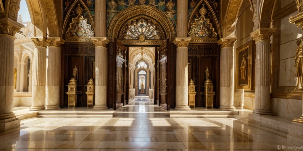 (best quality,4K,8K,high resolution,masterpiece:1.2),Extremely detailed,(Practical,photoPractical,photo-Practical:1.37),Magnificent temple,Expanded,Spectacular temples,Magnificent buildings,Gorgeous Greek style,Gorgeous golden statue,gleaming marble floors,Luxury vases and rugs,majestic atmosphere,Sunlight shines through the stained glass windows,Bright colors,Majestic,Charming beauty,Amazing craftsmanship,Peaceful and tranquil atmosphere,grand scale,Symmetrical design,Exhaustive details,Impressive pillars,Evoke a sense of divinity,Sparkling chandeliers,Ethereal sculpture,The mottled shadows of the arched doorway,Sunny courtyard and lush garden,Gorgeous tapestries hang on the walls,The whispers echoed in the hall,A perfect combination of artistry and precision,Overwhelming magnificence,Attention to detail,Powerful and sacred breath,exquisite aesthetics,A quiet oasis in the bustling city,A sanctuary of solace.