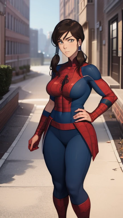 big sized breast, cleavage, MILF, thigh legs, Long black hair, hair over shoulder,  brown eyes, completely naked, perfect curvy shaped body,   lady, red and blue Spiderman tied suit, showing face, massive , standing, perfect shaped body, body full covered with Spiderman suit, Spiderman logo in her chest, thigh legs ,ultra realistic squinting sexy eyes , on her body, completely nude , massive sized breast, standing, thigh legs, brown colour eyes, ultra realistic detailed shiny brown eyes, beautiful and perfect face, sunlight and garden background, black hair, bright brown colour eyes