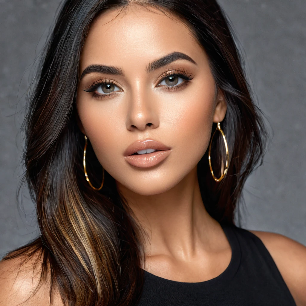 A photoreal close up of a stunning 28-year-old Latina model showcases her oval face, straight black hair, and striking grey eyes. Her beautiful lips accentuate her wheatish skin with light brown tone highlights. Dressed in a chic black top, the image should be full body shot, 8k hdr, high detailed, and focused on capturing her mesmerizing beauty. The lighting should be soft and golden to enhance her radiance