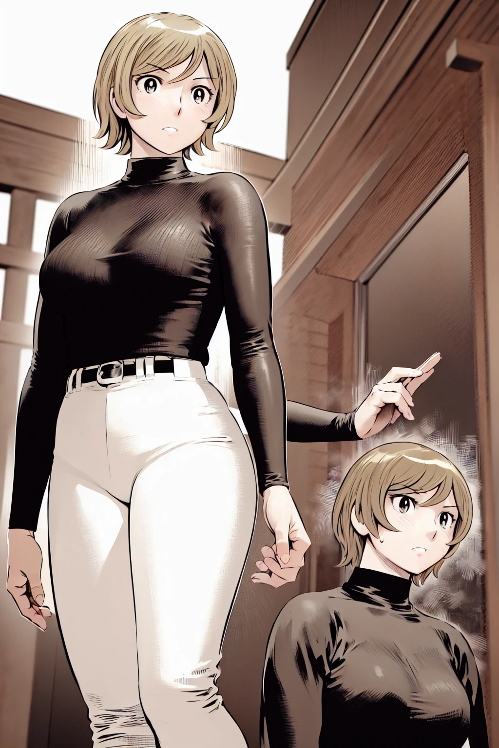 (野球uniform:1.2),
Blonde, (short hair:1.2),Long sleeve, Black Shirt, turtleneck,White trousers、uniform、Black belt、((Illustration of a person))、big 、
View your viewers,, (Highest quality:1.3),One Girl, White pants、uniform、Outdoor、baseball ground、ground、soil、blue eyes、Tight black shirt、(masterpiece、Highest quality)、Highest quality, Ultra-high resolution, (((masterpiece))), alone, big eyes、big Breasts、One Girl, Front view、Embarrassed face、Bronze colored hair、((short hair))、Stand up straight、Cowboy Shot