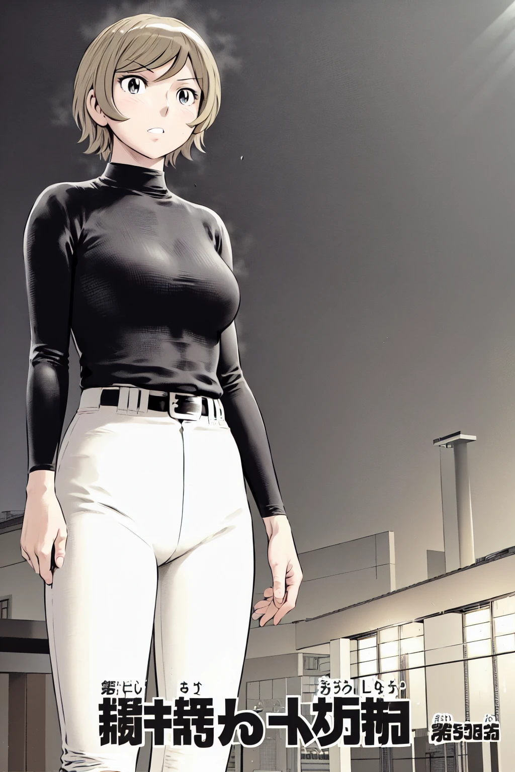 (野球uniform:1.2),
Blonde, (short hair:1.2),Long sleeve, Black Shirt, turtleneck,White trousers、uniform、Black belt、((Illustration of a person))、big 、
View your viewers,, (Highest quality:1.3),One Girl, White pants、uniform、Outdoor、baseball ground、ground、soil、blue eyes、Tight black shirt、(masterpiece、Highest quality)、Highest quality, Ultra-high resolution, (((masterpiece))), alone, big eyes、big Breasts、One Girl, Front view、Embarrassed face、Bronze colored hair、((short hair))、Stand up straight、Cowboy Shot