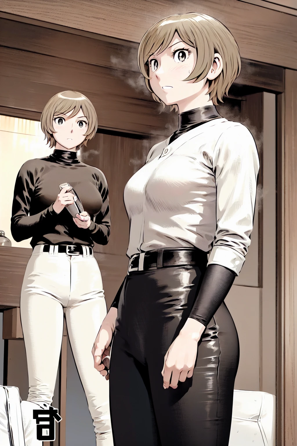 (野球uniform:1.2),
Blonde, (short hair:1.2),Long sleeve, Black Shirt, turtleneck,White trousers、uniform、Black belt、((Illustration of a person))、big 、
View your viewers,, (Highest quality:1.3),One Girl, White pants、uniform、Outdoor、baseball ground、ground、soil、blue eyes、Tight black shirt、(masterpiece、Highest quality)、Highest quality, Ultra-high resolution, (((masterpiece))), alone, big eyes、big Breasts、One Girl, Front view、Embarrassed face、Bronze colored hair、((short hair))、Stand up straight、Cowboy Shot