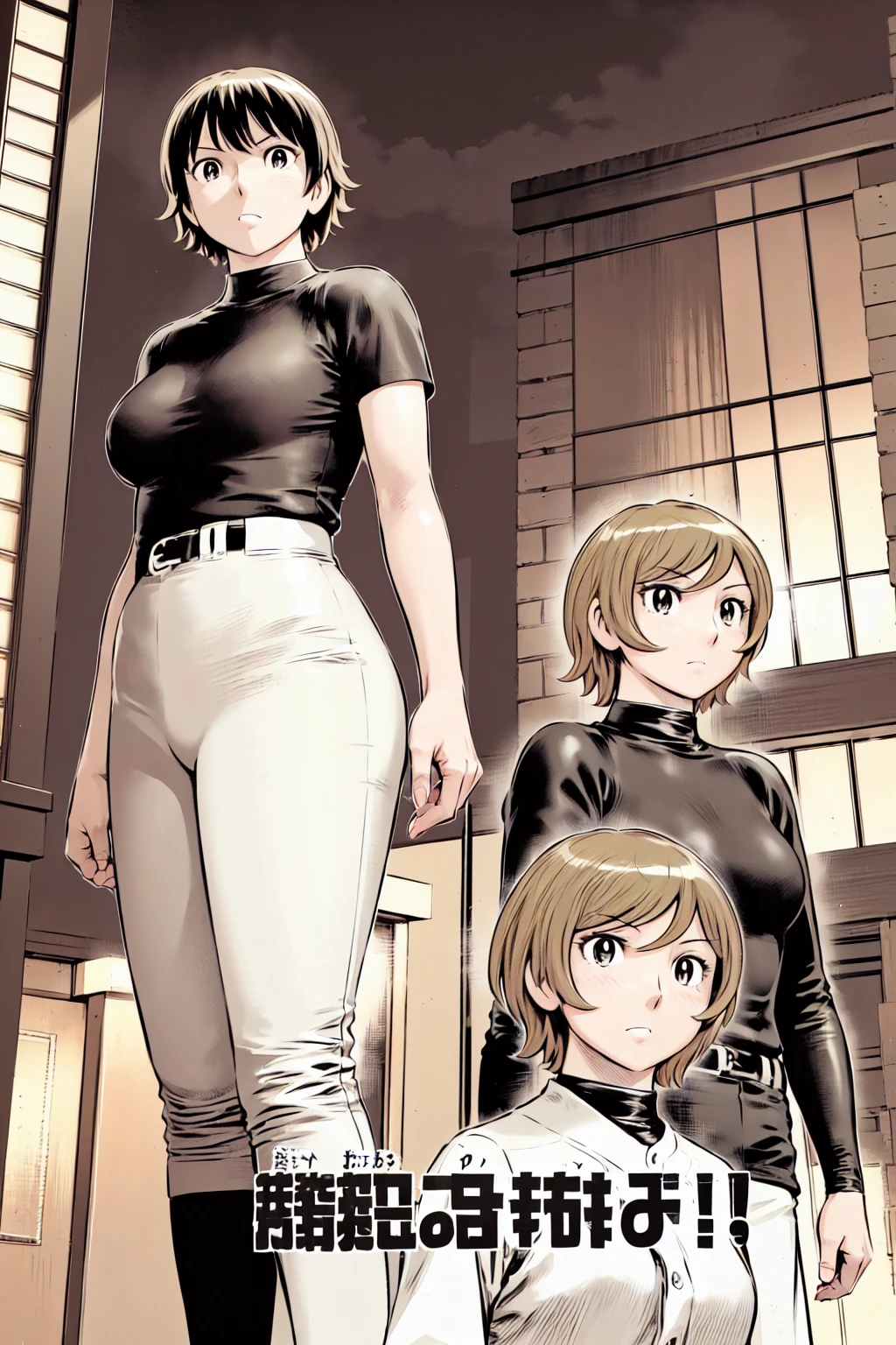 (野球uniform:1.2),
Blonde, (short hair:1.2),Long sleeve, Black Shirt, turtleneck,White trousers、uniform、Black belt、((Illustration of a person))、big 、
View your viewers,, (Highest quality:1.3),One Girl, White pants、uniform、Outdoor、baseball ground、ground、soil、blue eyes、Tight black shirt、(masterpiece、Highest quality)、Highest quality, Ultra-high resolution, (((masterpiece))), alone, big eyes、big Breasts、One Girl, Front view、Embarrassed face、Bronze colored hair、((short hair))、Stand up straight、Cowboy Shot