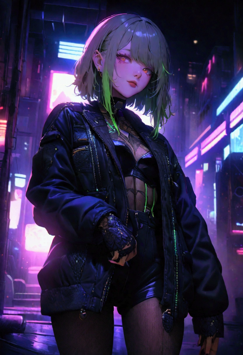 (Artistic photo of a cyberpunk ),full-body shot, Center, (Extremely detailed:1.2), (Intricate neon slums in the background:1.1), Ultra Detailed, (Soft lighting:1.2), high resolution, Film particles.