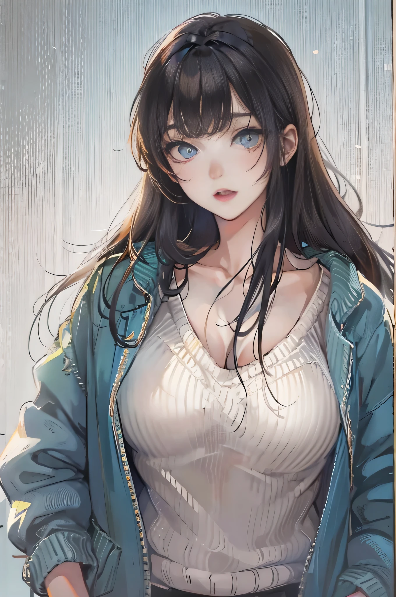 24-years-old、Very large breasts、soft、Long black hair、The bangs are straight、Full body illustration of a blue-eyed girl、V-neck sweater、Unbuttoned、Intricate eye detail、