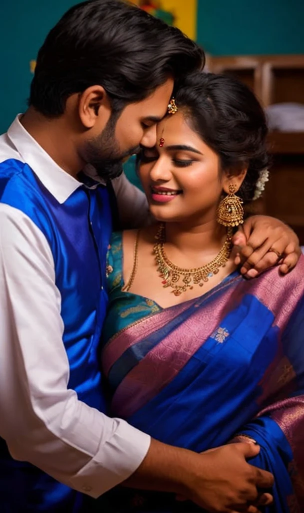 a  20-year-old shirtless man  affectionately hugging and kissing aradiant, full-figured South Indian plus-sized 30 year old teacher wearing a blue silky saree in  dressing room, captured in a full-body image with vibrant hues and meticulous details. Full body image