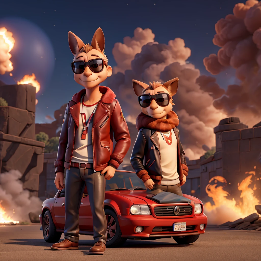 A cool kangaroo with shades and a leather jacket leaning on a shiny red car with an explosion in the background 