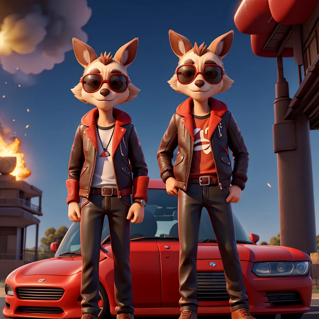 A cool kangaroo with shades and a leather jacket leaning on a shiny red car with an explosion in the background
