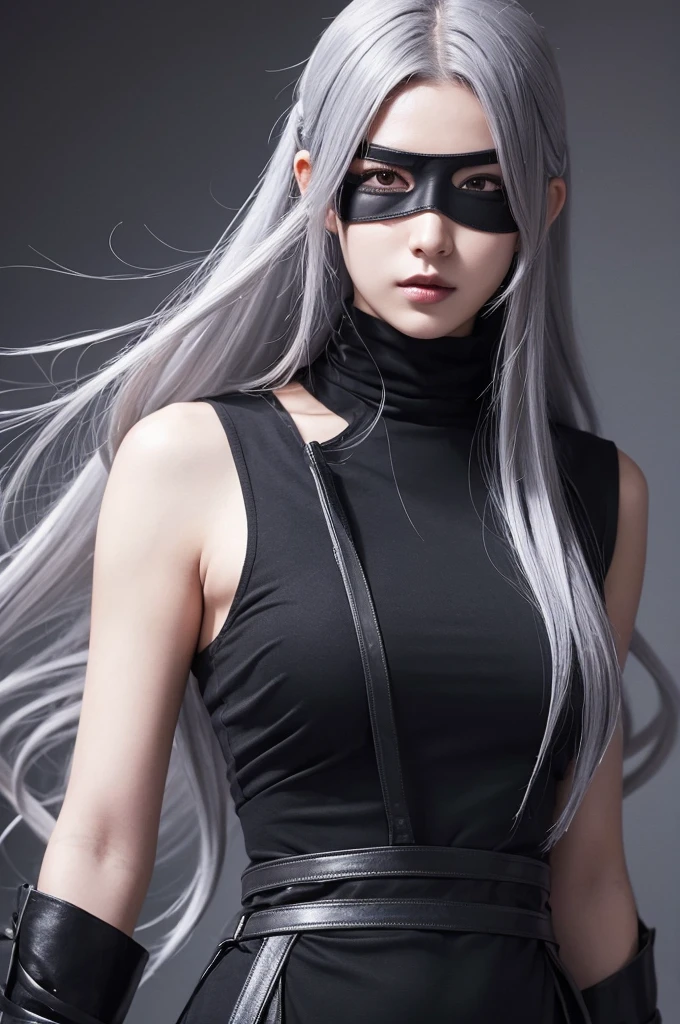 One beautiful woman,Gray Hair,Long hair tied up around the neck,A cute black eyepatch in contrast to his cool appearance,Half an eye,Long eyelashes,Beautiful body lines,twin sword