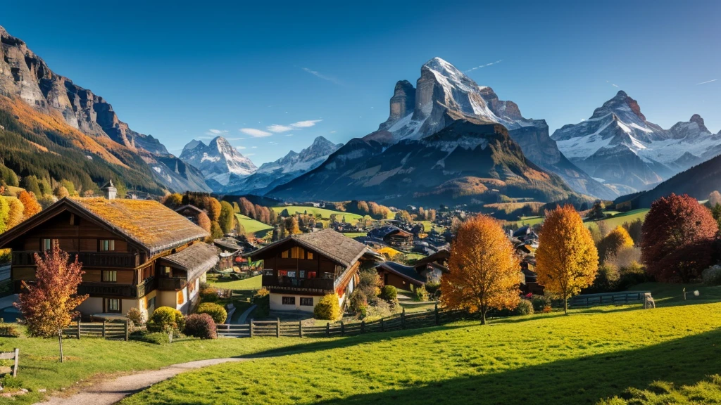 autumn landscape with orange tree, green meadow and blue mountains in Grindelwald village in Swiss Alps