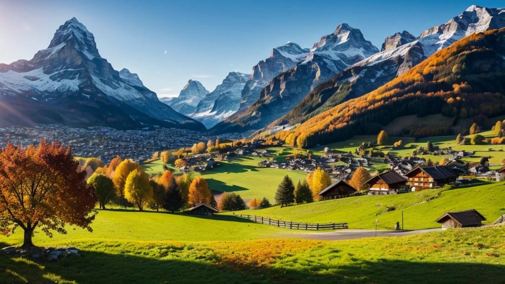 autumn landscape with orange tree, green meadow and blue mountains in Grindelwald village in Swiss Alps